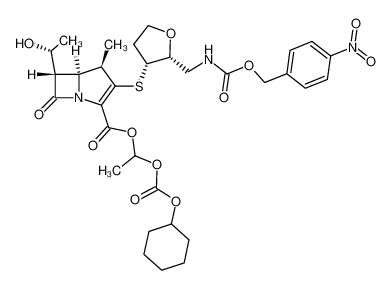 (4R,5S,6S)-6-((R)-1-Hydroxy-ethyl)-4-methyl-3-{(2R,3R)-2-[(4-nitro-benzyloxycarbonylamino)-methyl]-tetrahydro-furan-3-ylsulfanyl}-7-oxo-1-aza-bicyclo[3.2.0]hept-2-ene-2-carboxylic acid 1-cyclohexyloxycarbonyloxy-ethyl ester_194995-43-2