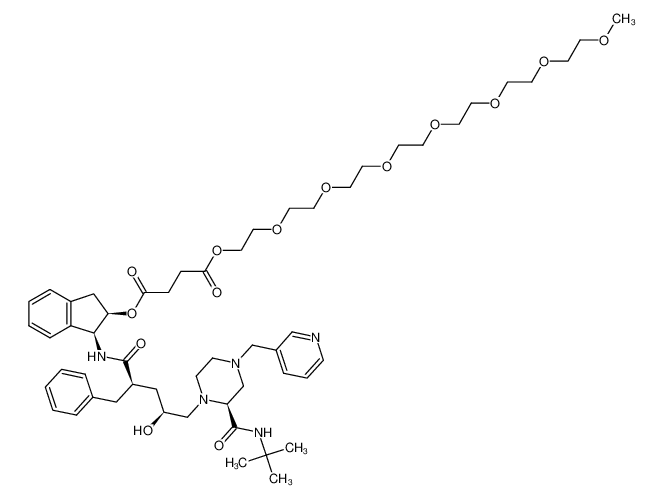 (1S,2R)-1-((2R,4S)-2-benzyl-5-((S)-2-(tert-butylcarbamoyl)-4-(pyridin-3-ylmethyl)piperazin-1-yl)-4-hydroxypentanamido)-2,3-dihydro-1H-inden-2-yl (2,5,8,11,14,17,20-heptaoxadocosan-22-yl) succinate_285991-80-2