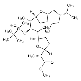 (R)-2-((2R,5S)-5-{(1R,2S,3R)-2-(tert-Butyl-dimethyl-silanyloxy)-3-[(2R,5S)-5-((R)-2-dimethylamino-pentyl)-tetrahydro-furan-2-yl]-1-methyl-butyl}-tetrahydro-furan-2-yl)-propionic acid methyl ester_393589-24-7