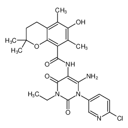 N-(6-amino-1-(6-chloropyridin-3-yl)-3-ethyl-2,4-dioxo-1,2,3,4-tetrahydropyrimidin-5-yl)-6-hydroxy-2,2,5,7-tetramethylchromane-8-carboxamide_676148-58-6