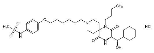 Methanesulfonamide,N-[4-[[6-[(3R)-1-butyl-3-[(R)-cyclohexylhydroxymethyl]-2,5-dioxo-1,4,9-triazaspiro[5.5]undec-9-yl]hexyl]oxy]phenyl]-, monohydrochloride_676449-94-8