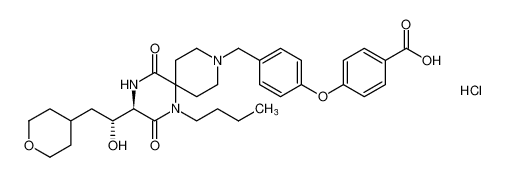 Benzoic acid,4-[4-[[(3R)-1-butyl-3-[(1R)-1-hydroxy-2-(tetrahydro-2H-pyran-4-yl)ethyl]-2,5-dioxo-1,4,9-triazaspiro[5.5]undec-9-yl]methyl]phenoxy]-,monohydrochloride_676451-69-7