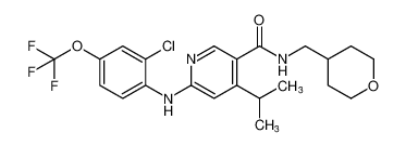 6-((2-chloro-4-(trifluoromethoxy)phenyl)amino)-4-isopropyl-N-((tetrahydro-2H-pyran-4-yl)methyl)nicotinamide_676634-42-7