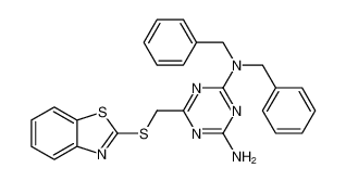 6-((benzo[d]thiazol-2-ylthio)methyl)-N2,N2-dibenzyl-1,3,5-triazine-2,4-diamine_677492-76-1