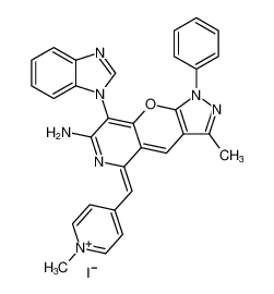 (Z)-4-((7-amino-8-(1H-benzo[d]imidazol-1-yl)-3-methyl-1-phenylpyrazolo[4',3':5,6]pyrano[3,2-c]pyridin-5(1H)-ylidene)methyl)-1-methylpyridin-1-ium iodide_681824-76-0