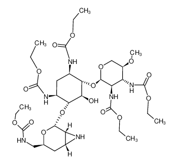 1D-O4-(2,3-azanediyl-6-ethoxycarbonylamino-α-D-ribo-2,3,4,6-tetradeoxy-hexopyranosyl)-O6-(2,3-bis-ethoxycarbonylamino-O4-methyl-α-D-2,3-dideoxy-xylopyranosyl)-N,N'-bis-ethoxycarbonyl-2-deoxy-streptamine_68594-13-8