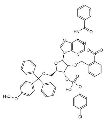 Phosphoric acid (2R,3R,4R,5R)-5-(6-benzoylamino-purin-9-yl)-2-[(4-methoxy-phenyl)-diphenyl-methoxymethyl]-4-(2-nitro-benzyloxy)-tetrahydro-furan-3-yl ester 4-chloro-phenyl ester_68870-77-9