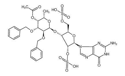 Acetic acid (2S,3R,4R,5S,6S)-6-[(2R,3R,4R,5R)-5-(2-amino-6-oxo-1,6-dihydro-purin-9-yl)-4-sulfooxy-2-sulfooxymethyl-tetrahydro-furan-3-yloxy]-4,5-bis-benzyloxy-2-methyl-tetrahydro-pyran-3-yl ester_690623-84-8