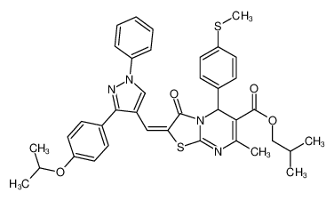 2-methylpropyl 7-methyl-5-(4-methylsulfanylphenyl)-3-oxo-2-[[1-phenyl-3-(4-propan-2-yloxyphenyl)pyrazol-4-yl]methylidene]-5H-[1,3]thiazolo[3,2-a]pyrimidine-6-carboxylate_6998-24-9