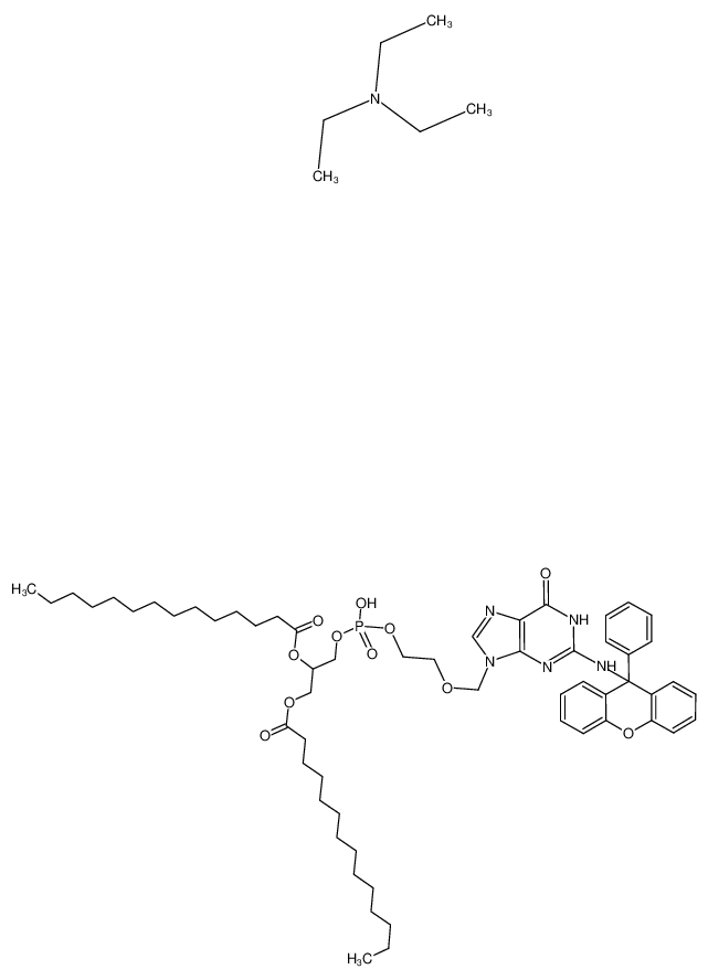 Tetradecanoic acid 2-(hydroxy-{2-[6-oxo-2-(9-phenyl-9H-xanthen-9-ylamino)-1,6-dihydro-purin-9-ylmethoxy]-ethoxy}-phosphoryloxy)-1-tetradecanoyloxymethyl-ethyl ester; compound with triethyl-amine_96812-94-1