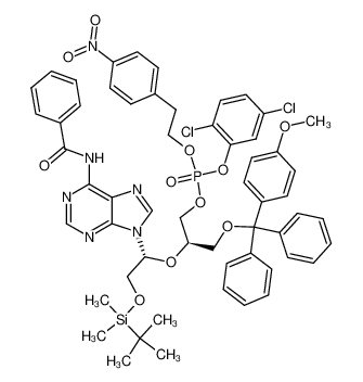 Phosphoric acid (R)-2-[(R)-1-(6-benzoylamino-purin-9-yl)-2-(tert-butyl-dimethyl-silanyloxy)-ethoxy]-3-[(4-methoxy-phenyl)-diphenyl-methoxy]-propyl ester 2,5-dichloro-phenyl ester 2-(4-nitro-phenyl)-ethyl ester_98815-89-5