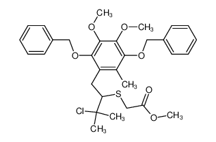 [1-(2,5-Bis-benzyloxy-3,4-dimethoxy-6-methyl-benzyl)-2-chloro-2-methyl-propylsulfanyl]-acetic acid methyl ester_99347-54-3