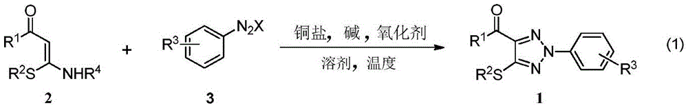 General reaction scheme showing copper-catalyzed cyclization of S,N-substituted internal olefins with aryl diazonium salts to form 1,2,3-triazole derivatives under mild conditions