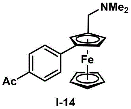 Chemical structure of compound I-14 showing acetyl substituted phenyl group attached to ferrocene core