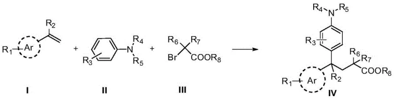 General reaction scheme for 1,1-diarylalkane synthesis using photoredox catalysis