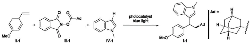 Representative reaction scheme showing the three-component coupling of p-methoxystyrene, N-hydroxyphthalimide adamantane ester, and N-methylindole to form the target 1,1-diarylalkane derivative under blue light irradiation.