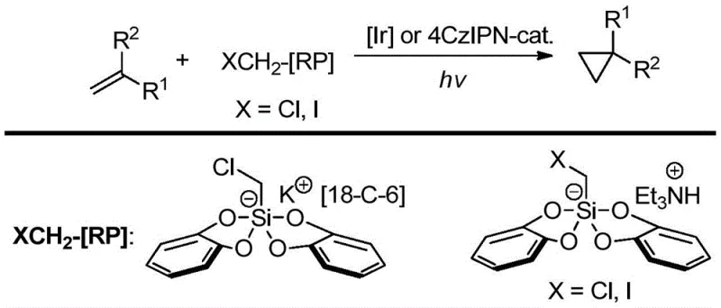 General reaction scheme showing photocatalytic allylation and cyclopropanation of allyl halides with silicate reagents