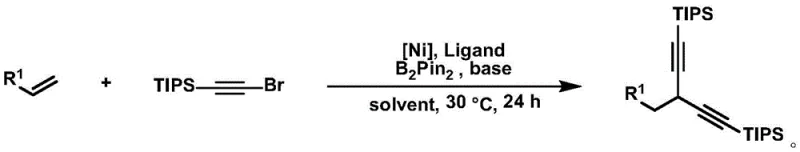 General reaction scheme showing nickel-catalyzed conversion of terminal olefins to 1,1-diyne compounds