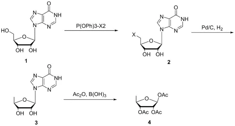 Reaction scheme showing the three-step synthesis from Inosine to 1,2,3-tri-O-acetyl-5-deoxy-beta-D-ribose via halogenation and hydrogenation