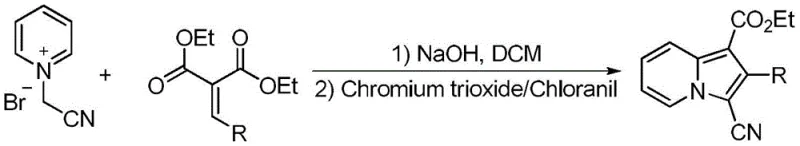 Prior art reaction scheme showing toxic chromium trioxide oxidation and multi-step cyclization