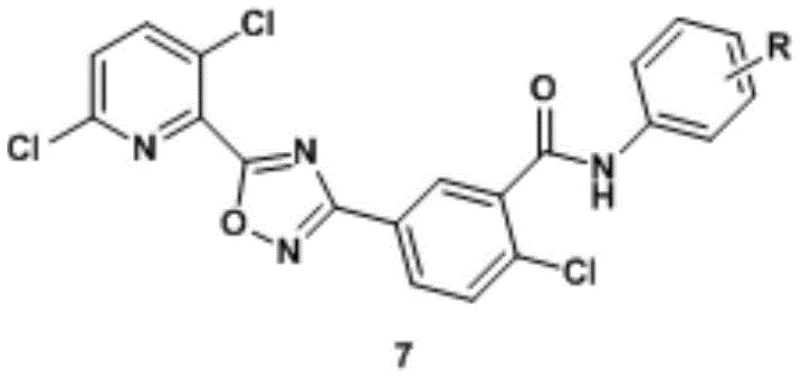 General chemical structure of 1,2,4-oxadiazole bipyridine substituted benzamide compounds showing variable R groups