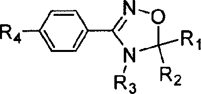General molecular structure of 3-aryl-substituted 1,2,4-oxadiazoline derivatives showing variable R groups for library diversity