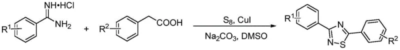 General reaction scheme for synthesizing 1,2,4-thiadiazole derivatives using phenylacetic acid and benzamidine hydrochloride
