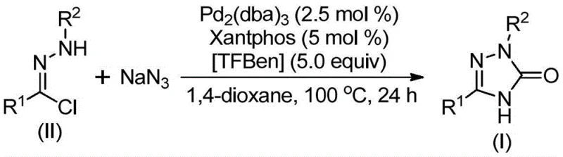 General reaction scheme showing Pd-catalyzed conversion of chlorohydrazone to 1,2,4-triazole-3-one