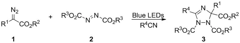 General reaction scheme showing diazo and azo compounds reacting in nitrile solvent under blue LEDs to form 1,2,4-triazole derivatives