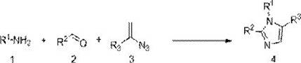 Reaction scheme showing one-step synthesis of imidazole from styryl azide, aldehyde and amine