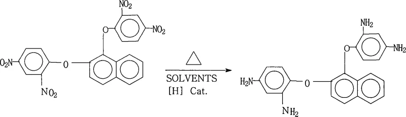 Chemical reaction scheme showing the reduction of 1,2-bis(2,4-dinitrophenoxy)naphthalene to 1,2-bis(2,4-diaminophenoxy)naphthalene using hydrazine and Pd/C catalyst