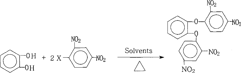 Reaction scheme showing the synthesis of 1,2-bis(2,4-dinitrophenoxy)benzene from catechol and 2,4-dinitrohalobenzene via nucleophilic aromatic substitution
