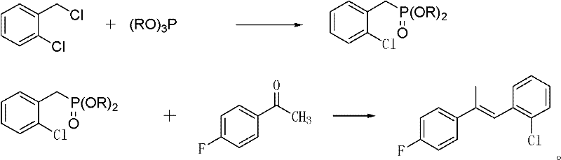 Reaction scheme showing the two-step synthesis of 1-(2-chlorophenyl)-2-(4-fluorophenyl) propylene via phosphonate intermediate