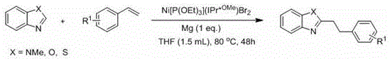 General reaction scheme showing the cross-coupling of benzoheteroarenes and styrenes catalyzed by the Ni(II) complex