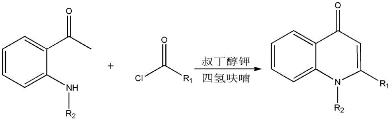 General reaction scheme showing the synthesis of 1,2-disubstituted-4-quinolones from substituted acyl chlorides and N-substituted o-aminoacetophenones