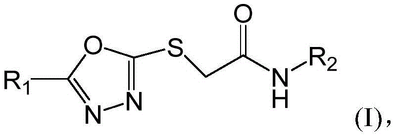General chemical structure of 1,3,4-oxadiazole neuraminidase inhibitor Formula I showing variable R1 and R2 substituents