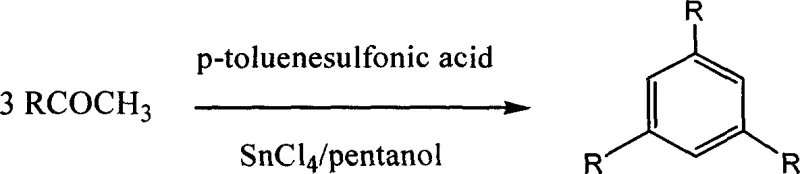Reaction scheme showing the trimerization of acetophenone derivatives into 1,3,5-trisubstituted benzenes using SnCl4 and p-toluenesulfonic acid