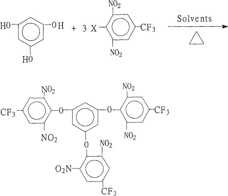 Reaction scheme for the synthesis of 1,3,5-tris(2,6-dinitro-4-trifluoromethylphenoxy)benzene via nucleophilic aromatic substitution