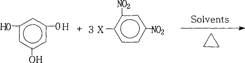 Chemical reaction scheme showing the synthesis of 1,3,5-tris(2,4-dinitrophenoxy)benzene from phloroglucinol and 2,4-dinitrohalobenzene