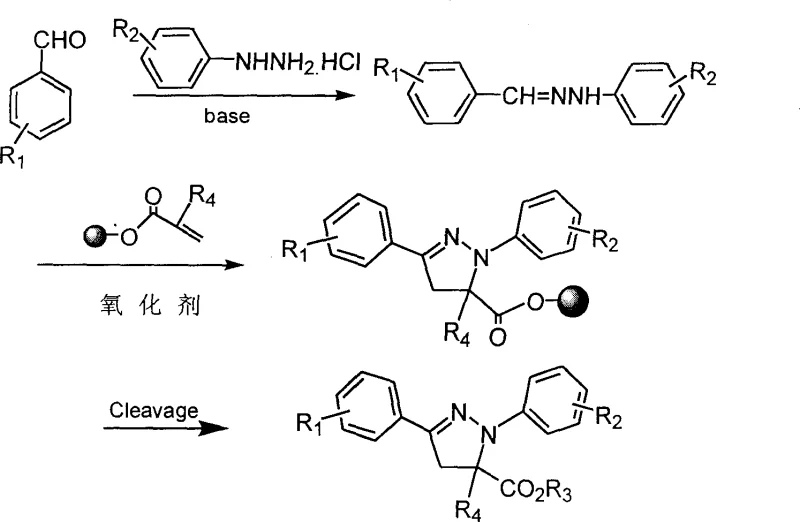 General reaction scheme showing resin loading, one-pot cyclization, and cleavage steps for pyrazoline synthesis