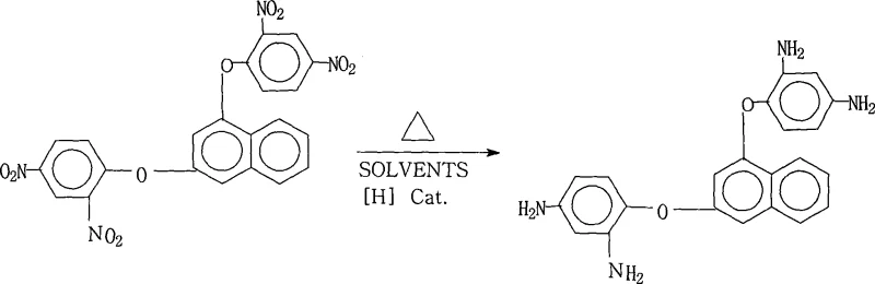 Chemical reaction scheme showing the reduction of 1,3-bis(2,4-dinitrophenoxy)naphthalene to 1,3-bis(2,4-diaminophenoxy)naphthalene using Pd/C and hydrazine