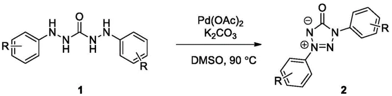General reaction scheme for the synthesis of 1,3-diaryl substituted tetrazolone inner salts from diarylsemicarbazides using Pd(OAc)2 and K2CO3