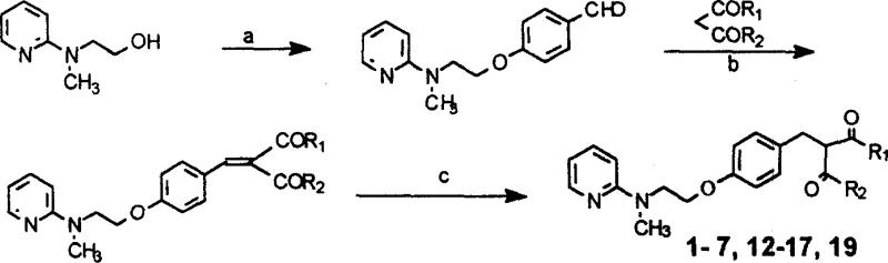 Synthetic route showing condensation of benzaldehyde derivative with malonate followed by Pd-C catalyzed hydrogenation