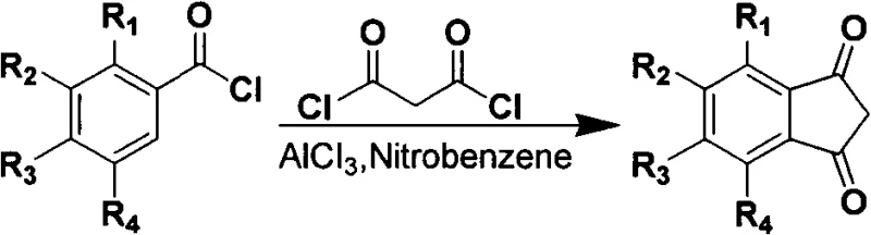 Conventional synthesis route using aroyl chloride and malonyl chloride with toxic nitrobenzene solvent