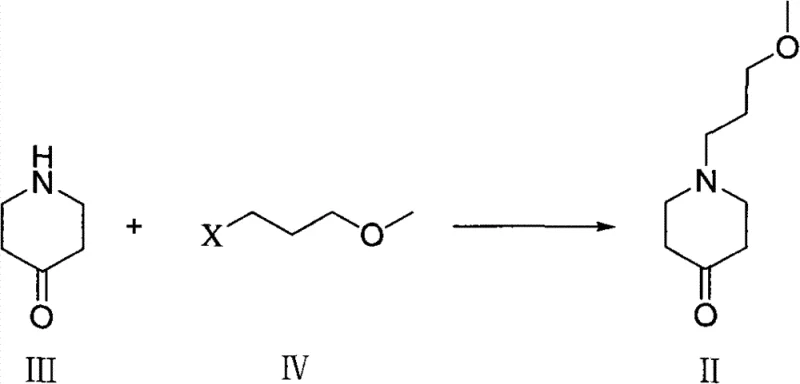 Synthesis of ketone intermediate II via alkylation of piperidone III with ether halide IV