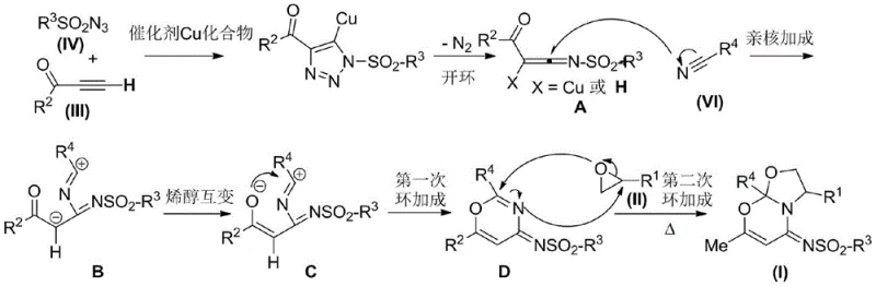 Detailed reaction mechanism showing the catalytic cycle involving intermediates A, B, C, and D leading to the final fused heterocycle