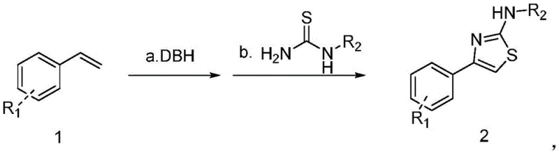 General reaction scheme showing the conversion of styrene derivatives to 1,3-substituted thiazoles using DBH and thiourea
