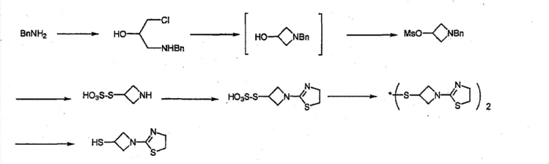 Prior art synthetic route using benzylamine showing complex multi-step transformation