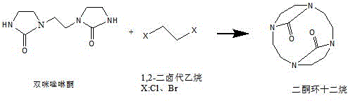 Step 2 Reaction: Condensation of bis-imidazolidinone with 1,2-dihalogenated ethane to form diketone cyclododecane