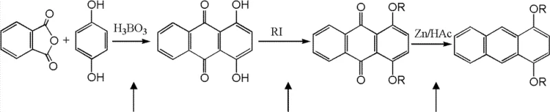 Complete synthetic route showing cyclization, alkylation, and reduction steps for anthracene derivatives